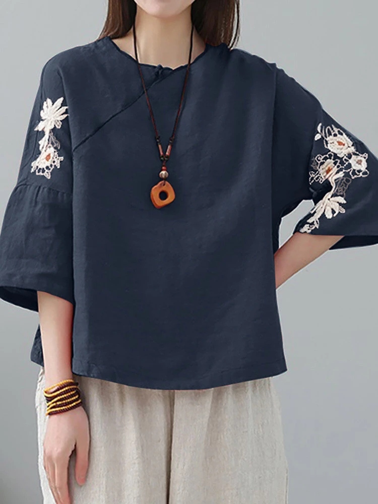 Flower Embroidery Frog Button Crew Neck 3/4 Sleeve Blouse 7 Flower Embroidery Frog Button Crew Neck 3/4 Sleeve Blouse - Image 7