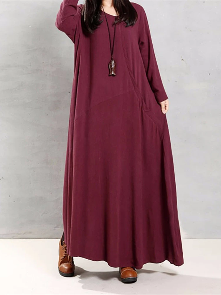 Women Vintage Cotton Tunic Baggy Long Sleeve Maxi Dress 7 Women Vintage Cotton Tunic Baggy Long Sleeve Maxi Dress - Image 7