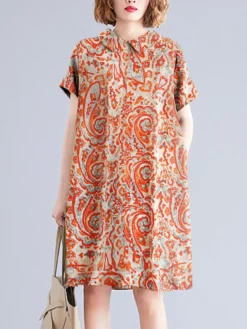 Women Allover Paisley Print Lapel Ethnic Short Sleeve Dress
