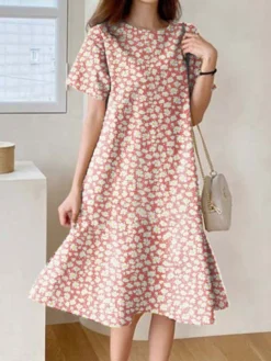 Allover Floral Print Ruffle Hem Short Sleeve Crew Neck Dress -Zanzea Shop 847e9e16 7f8d 4c76 9386 72d9e5fc8c1a