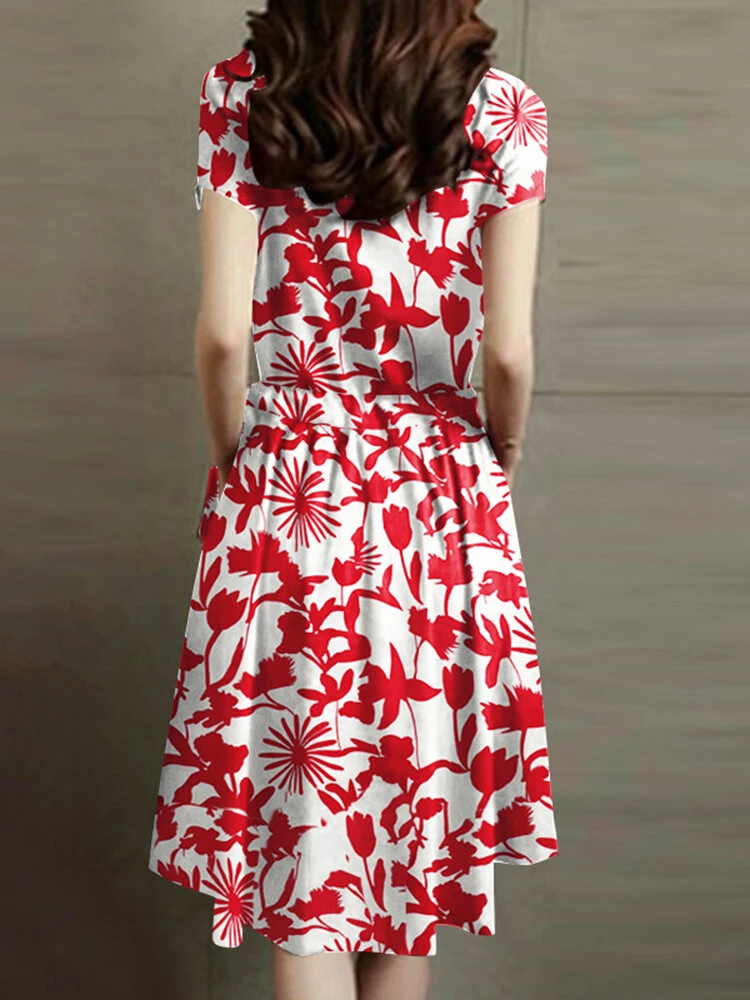 Flower Print Drawstring Pocket Short Sleeve Midi Dress 2 Flower Print Drawstring Pocket Short Sleeve Midi Dress - Image 2