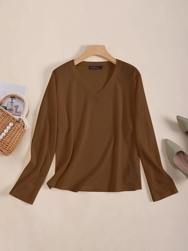 Solid Long Sleeve V-neck Casual T-shirt For Women 2 Solid Long Sleeve V-neck Casual T-shirt For Women - Image 2