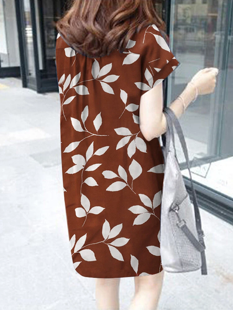 Leaves Print Button Pocket Short Sleeve Dress With Belt 11 Leaves Print Button Pocket Short Sleeve Dress With Belt - Image 11