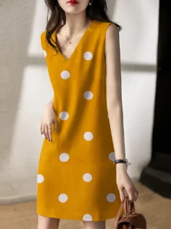 Dot Print V-neck Sleeveless Dress For Women -Zanzea Shop 85038343 8833 4214 9944 c7598e1e9dfe