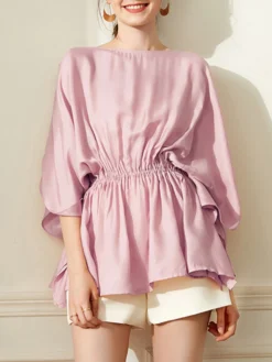 Elastic Waist Solid 3/4 Sleeve Crew Neck Loose Blouse -Zanzea Shop 850a98ca be88 4199 b842 bad5cd89be9e