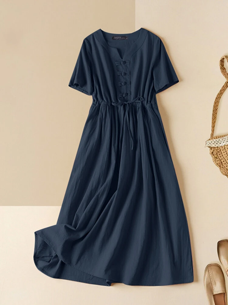 Women Solid Notched Neck Frog Button Drawstring Waist Dress 3 Women Solid Notched Neck Frog Button Drawstring Waist Dress - Image 3