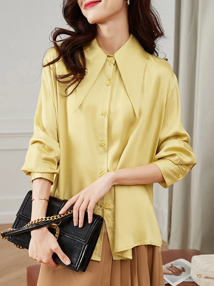 Satin Solid Button Front Long Sleeve Lapel Loose Shirt 8 Satin Solid Button Front Long Sleeve Lapel Loose Shirt - Image 8