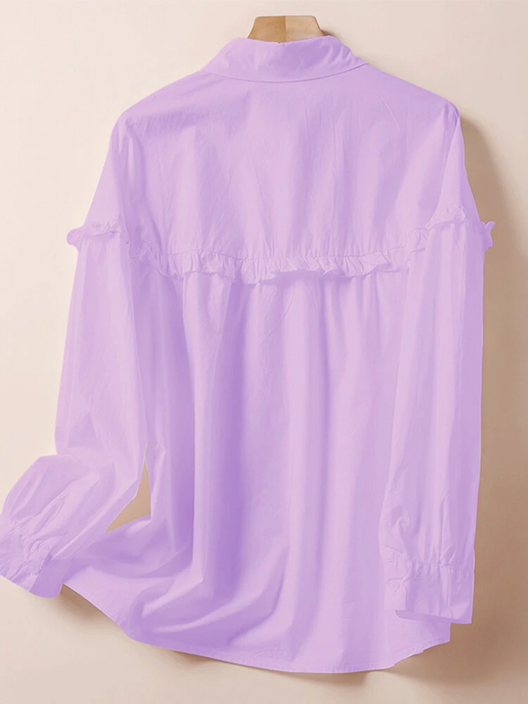 Solid Ruffle Trim Button Front Lapel Long Sleeve Shirt 4 Solid Ruffle Trim Button Front Lapel Long Sleeve Shirt - Image 4