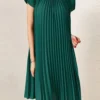 Women Solid Pleated Crew Neck Casual Short Sleeve Dress