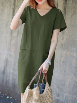 Solid Pocket Slit Hem V-neck Short Sleeve Vintage Dress 18 Solid Pocket Slit Hem V-neck Short Sleeve Vintage Dress -Zanzea Shop 8546bdb6 2723 4461 9cec d84196d34613