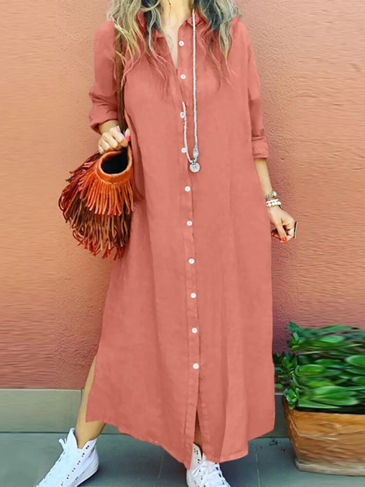 Solid Loose Slit Hem Button Long Sleeve Shirt Dress 3 Solid Loose Slit Hem Button Long Sleeve Shirt Dress - Image 3