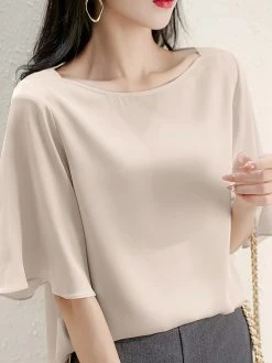 Satin Solid Ruffle Sleeve Boat Neck Women Blouse -Zanzea Shop 8568b0ba 74e1 426e b89b f55c8fd7ebc4