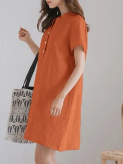 Solid Short Sleeve Button Front Half Placket Dress -Zanzea Shop 85754832 f70c 4891 aa07 b52f55918551