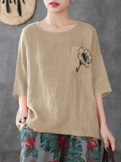 Flower Embroidery Pocket Half Sleeve Crew Neck Loose T-shirt 15 Flower Embroidery Pocket Half Sleeve Crew Neck Loose T-shirt -Zanzea Shop 857acc2d 54e9 4add bbfb 9a0790246d0e