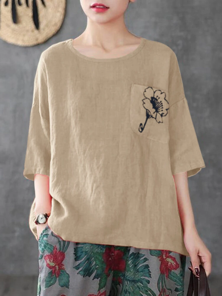 Flower Embroidery Pocket Half Sleeve Crew Neck Loose T-shirt 4 Flower Embroidery Pocket Half Sleeve Crew Neck Loose T-shirt - Image 4