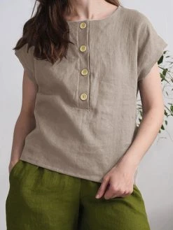 Solid Button Short Sleeve Crew Neck Casual Blouse -Zanzea Shop 857fef5b 9845 445a 973d 7eff837ac0ee