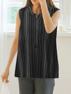 Women Striped Stand Collar Half Button Sleeveless Tank Top -Zanzea Shop 8582f0f7 3395 4c4a 80ec 097075ca1080