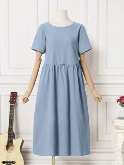 Solid Ruched Round Neck Short Sleeve Casual Cotton Midi Dress -Zanzea Shop 859e24af ac82 46d9 a746 ad117ad813dc