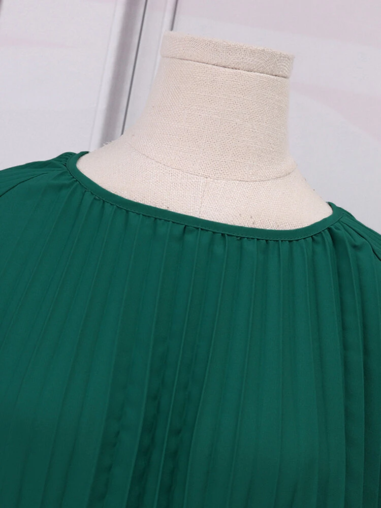 Women Solid Pleated Crew Neck Casual Short Sleeve Dress 6 Women Solid Pleated Crew Neck Casual Short Sleeve Dress - Image 6