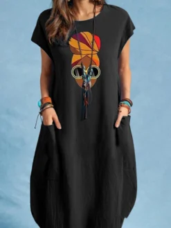 Portrait Print Pocket Short Sleeve Crew Neck Vintage Dress -Zanzea Shop 85d77ead 65af 45c5 9500 29417dcdc67d