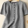 Women Gingham Plaid Button Front Casual Short Sleeve Blouse