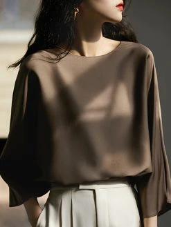 Satin Solid Dolman Sleeve Crew Neck Women Blouse -Zanzea Shop 862cb7d3 7a05 4a31 8d79 8acc1b53574d