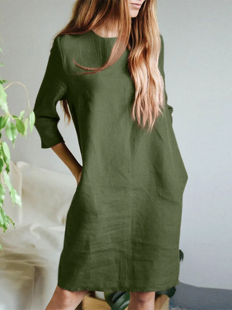 Women Solid Crew Neck Cotton Casual 3/4 Sleeve Dress 2 Women Solid Crew Neck Cotton Casual 3/4 Sleeve Dress - Image 2