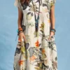 Cotton Plant Print Pocket Short Sleeve Casual Dress