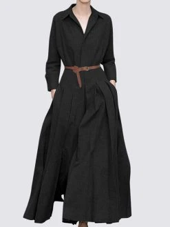 Women Solid Pleated Lapel Casual Long Sleeve Maxi Dress -Zanzea Shop 86826d88 5d31 43be 98a2 e182abec08cc