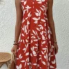 Women Allover Leaf Print V-Neck Tiered Sleeveless Dress