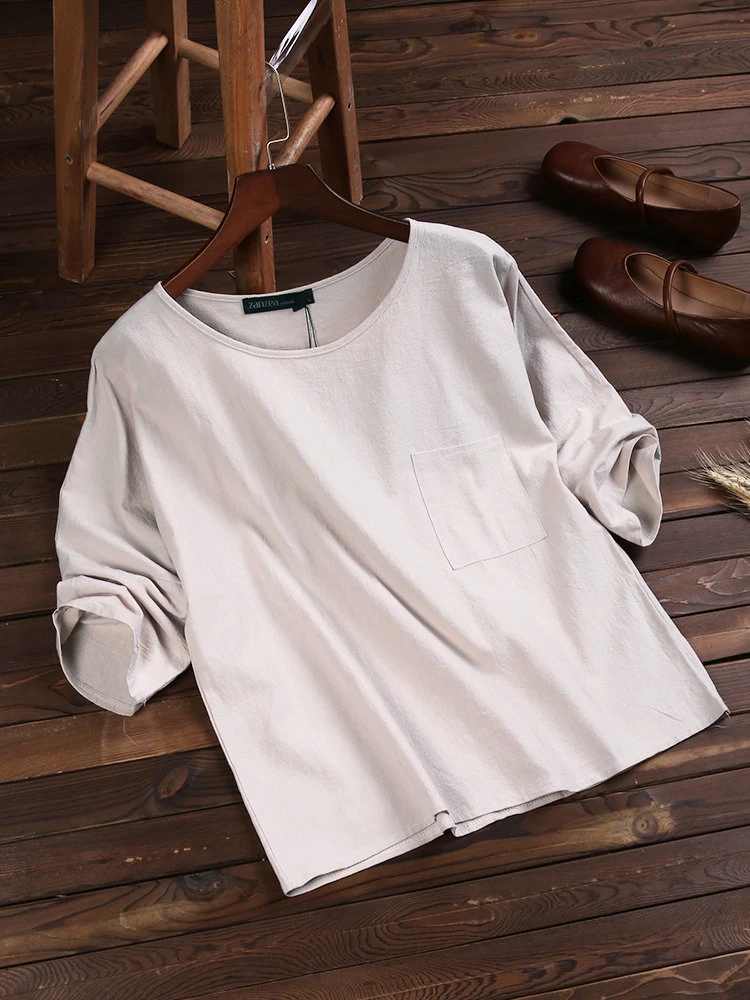 Casual Women Mori Pocket O-Neck 3/4 Sleeve Loose Blouse 6 Casual Women Mori Pocket O-Neck 3/4 Sleeve Loose Blouse - Image 6