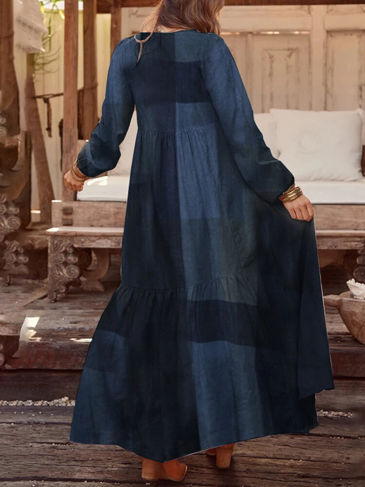 Plaid Print Pocket V-neck Long Sleeve Maxi Vintage Dress 2 Plaid Print Pocket V-neck Long Sleeve Maxi Vintage Dress - Image 2