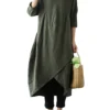 Solid Color O-neck Long Sleeves Asymmetrical Midi Hem Dress