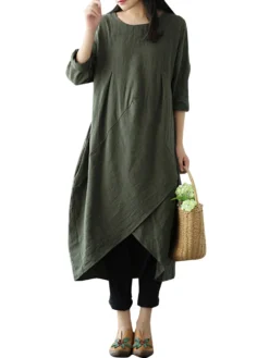 Solid Color O-neck Long Sleeves Asymmetrical Midi Hem Dress