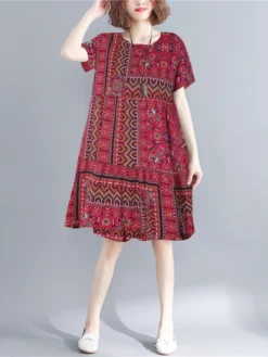 Vintage Print Short Sleeve Crew Neck Dress -Zanzea Shop 86fb7fbd 04d8 4bbf b2b5 49a7bb453e96