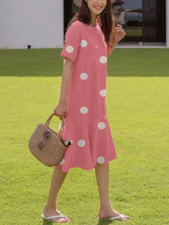 Dot Print Ruffle Hem Short Sleeve Crew Neck A-line Dress -Zanzea Shop 873f5348 e3e1 4c0b bdb8 5002b0d0ab28