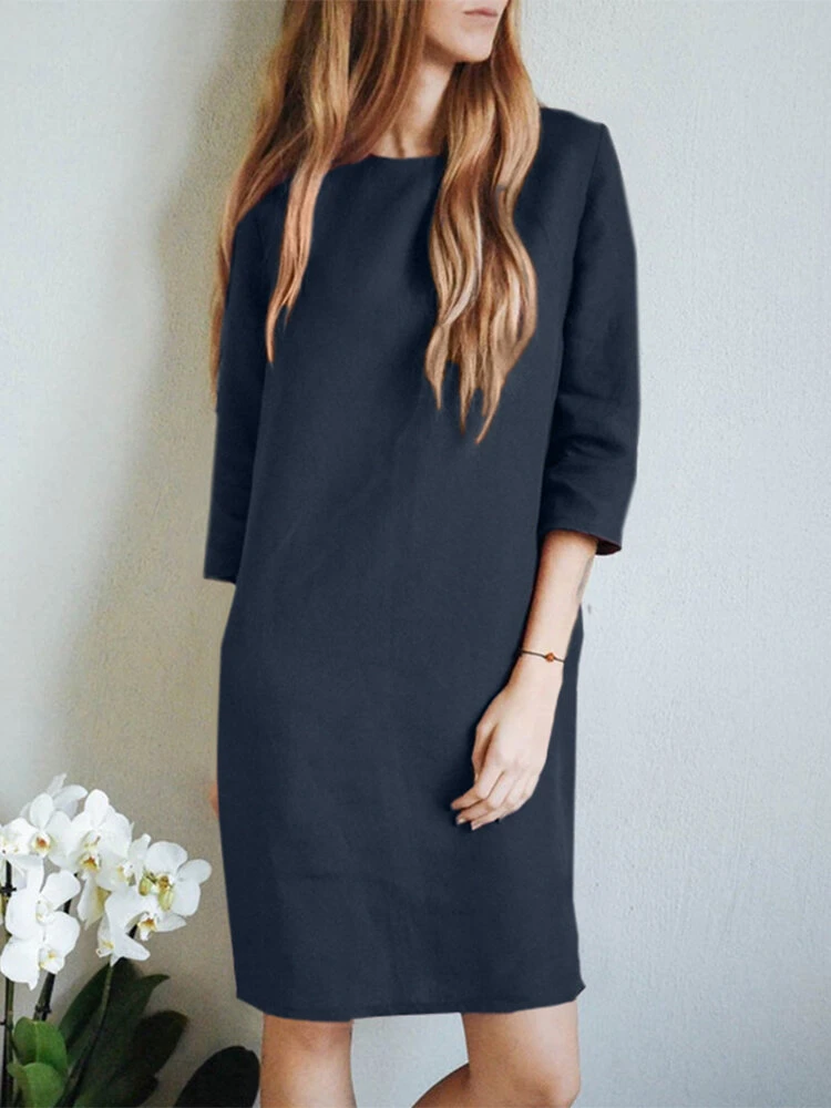 Women Solid Crew Neck Cotton Casual 3/4 Sleeve Dress 3 Women Solid Crew Neck Cotton Casual 3/4 Sleeve Dress - Image 3