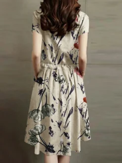 Flower Print Pocket Drawstring Short Sleeve Midi Dress -Zanzea Shop 8760a2ac 821f 4123 94c9 f366f6655a87