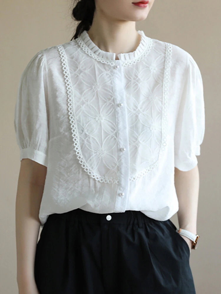 Contrast Embroidery Short Sleeve Pearl Button Blouse 5 Contrast Embroidery Short Sleeve Pearl Button Blouse - Image 5