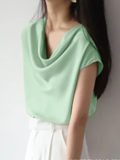 Cowl Neck Solid Satin Short Sleeve Blouse For Women -Zanzea Shop 87638446 54ad 45fd b488 0c366e30003f