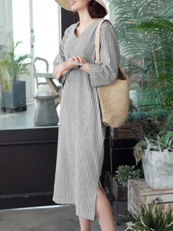 Stripe Print Slit Hem Pocket V-neck Dress -Zanzea Shop 876c4a35 d70b 49d8 a7a1 d4ea25b75b25