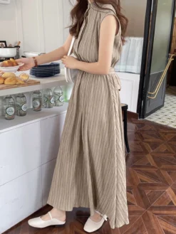 Textured Stand Collar Sleeveless Maxi Dress With Belt -Zanzea Shop 87f07ca2 92fb 487e 8c13 88861180bd14