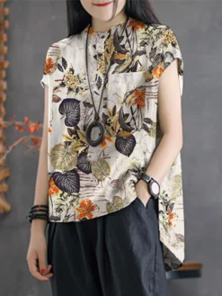Leaves Flower Print Pocket Plus Size High-low Vintage Blouse -Zanzea Shop 87f1b1eb 6765 4e8c af38 d882b03cd658