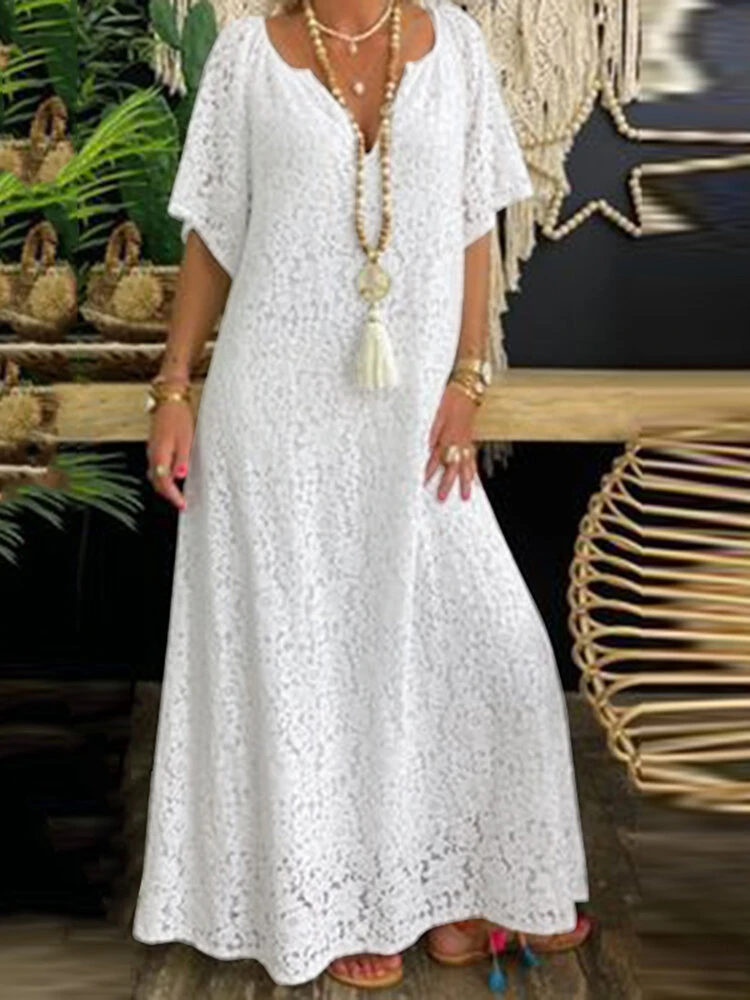 Women Lace Notched Neck Lined Half Sleeve Maxi Dress 1 Women Lace Notched Neck Lined Half Sleeve Maxi Dress
