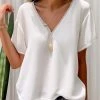 Women Lace Splice V-Neck Cotton Casual Short Sleeve Blouse