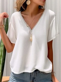 Women Lace Splice V-Neck Cotton Casual Short Sleeve Blouse