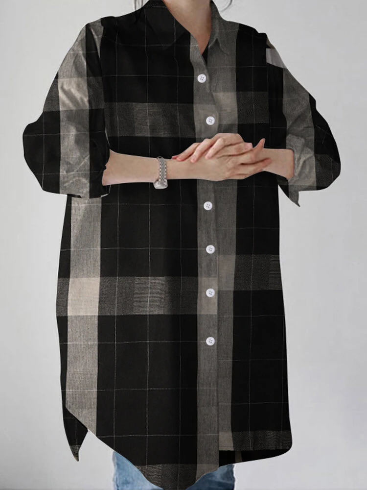 Check Pattern Loose Button Front Lapel Long Sleeve Shirt 3 Check Pattern Loose Button Front Lapel Long Sleeve Shirt - Image 3