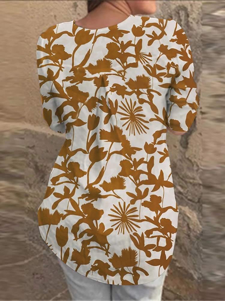 Random Allover Leaves Print Button Front 3/4 Sleeve Blouse 2 Random Allover Leaves Print Button Front 3/4 Sleeve Blouse - Image 2