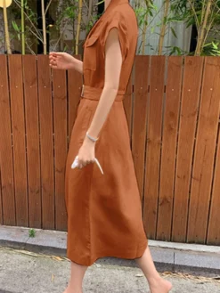 Solid Pocket Lapel Short Sleeve Button Front Dress With Belt -Zanzea Shop 8850189d 72b2 481c 8175 ac8686e5f06c