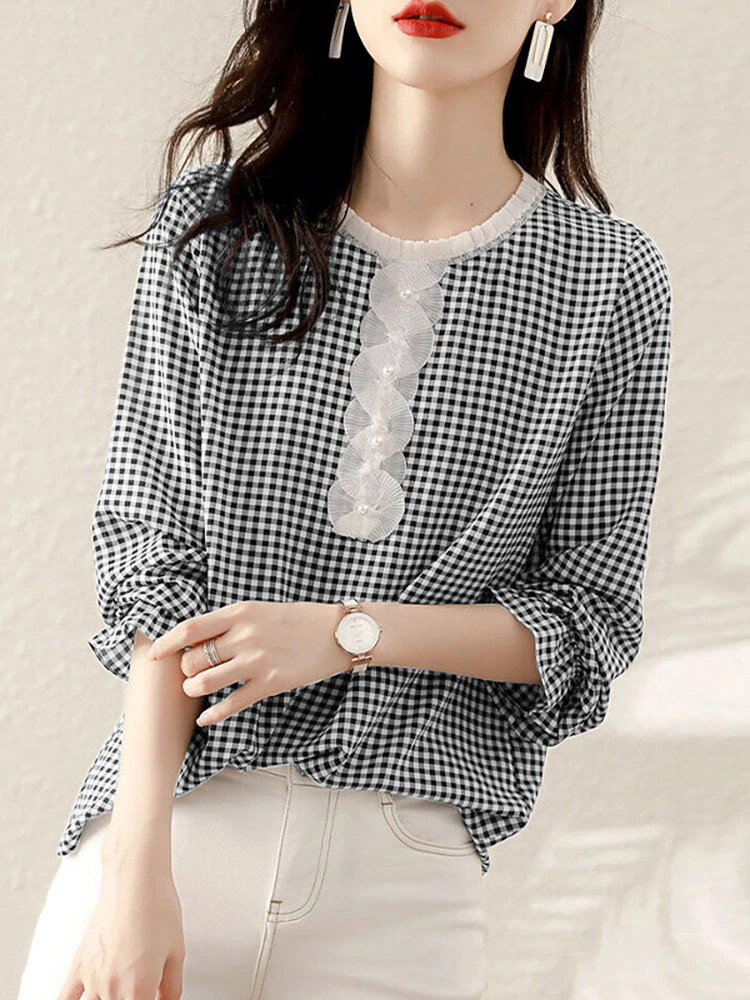 Check Print Long Sleeve Crew Neck Panel Blouse 9 Check Print Long Sleeve Crew Neck Panel Blouse - Image 9
